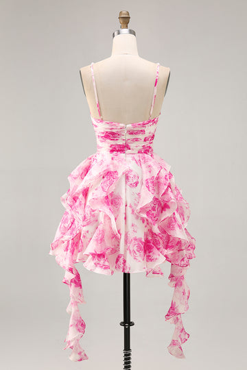 White Fuchsia Flower Halter Tiered Printed Homecoming Dress